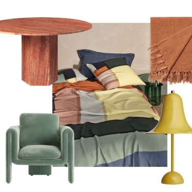 “Burton” throw;  Verpan “Pantop” lamp;  “Levitt” flat sheet, European pillowcase, standard pillowcase (set of two);  “Epic” dining table;  “Imogen” chair.