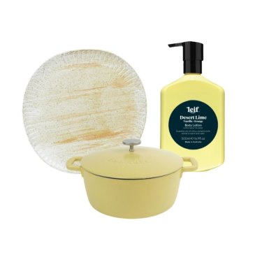 Dutch oven;  Ceylon platter;  “Desert Lime” body lotion.