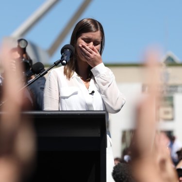 Supporters rally behind Brittany Higgins at the March4Justice protest in Canberra in March. On Higgins’ plight, Morrison insists “we sought to be as sensitive and as empathetic and as action-orientated as we possibly could”.