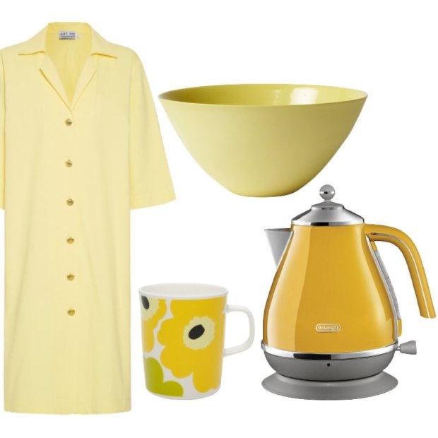 Ischia” shirt dress; Flared bowl; Icona Capitals kettle; Oiva Unikko mug.