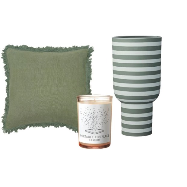  “Luca Boho” linen cushion; “Varia” vase, “Portable Fireplace” candle.