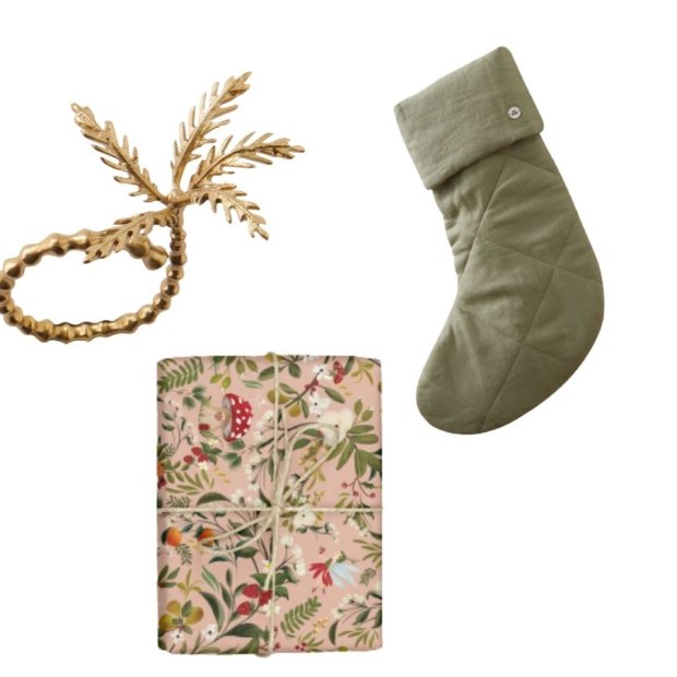 Kip & Co “Palm Tree” napkin rings,. Sheet Society’s Eve” linen stocking. Bespoke Letterpress “Nutcracker and Gnome” double-sided gift wrap.