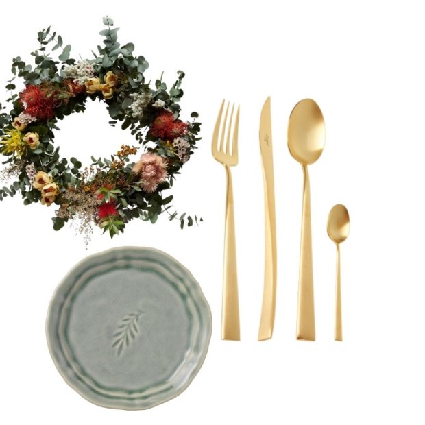 Sthål “Amuse Bouche” plate from Casa e Cucina. Cutipol “Duna” 24-piece cutlery set from Amara. September Studio x The Botanist Christmas wreath.