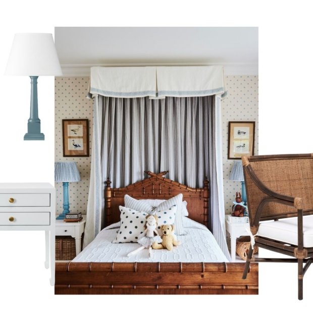 “Sybil” lamp base; “Arabella” bedside table; “Bungalow” chair.
