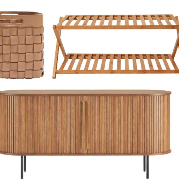 Bamboo shoe rack; “Harper” sideboard; “Lowa” storage basket.