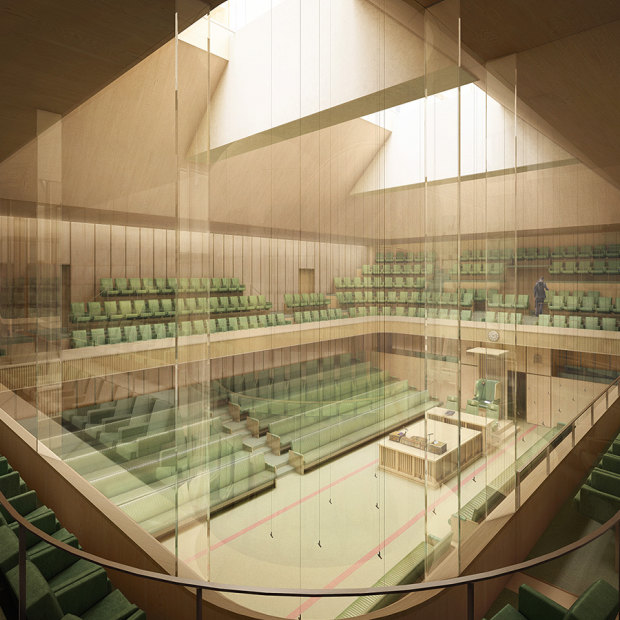 An artist's impression of the temporary Commons chamber that Lendlease would build at Richmond House.