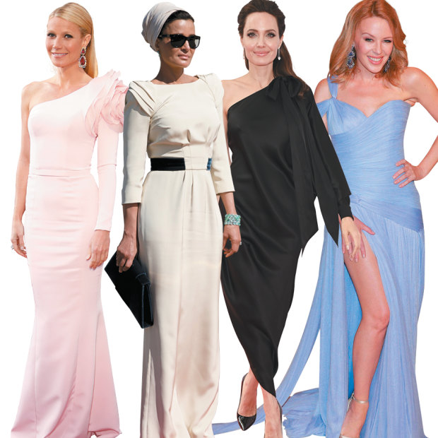 Ultra-wealthy fans of Ralph & Russo include (from left) Gwyneth Paltrow, Sheikha Moza bint Nasser, Angelina Jolie, and Kylie Minogue.