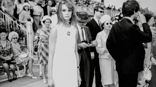 Jean Shrimpton in the Derby Day dress that shocked Melbourne in 1965 and racing commentator Francesca Cumani in a modern interpretation by Australian designer Rebecca Vallance.