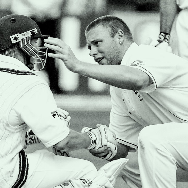 Andrew Flintoff consoles Brett Lee after Australia's loss to England at Edgbaston in 2005.