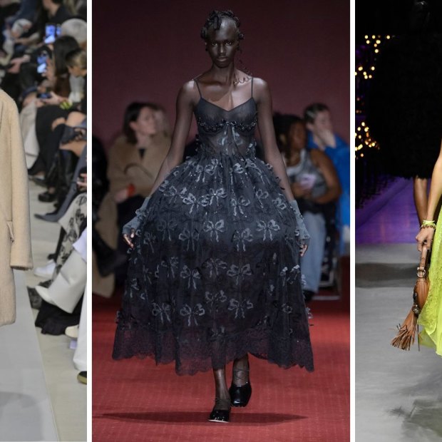 Trends to watch (from left) ‘quiet luxury’ at Max Mara; ‘balletcore’ at Simone Rocha; indie sleaze at Versace.