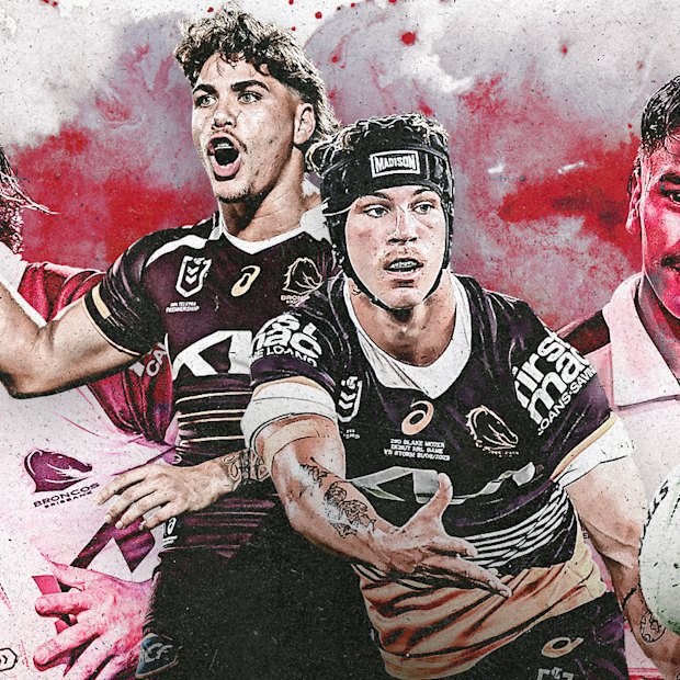 Broncos hooker Blake Mozer (third from left) has spoken out about dealing with high expectations and social media trolls.