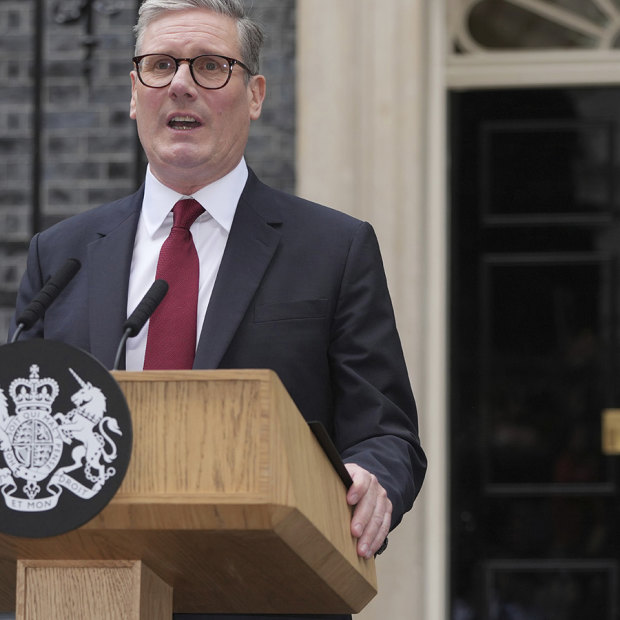 Britain’s Labour Party Prime Minister Kier Starmer makes a speech at 10 Downing Street.