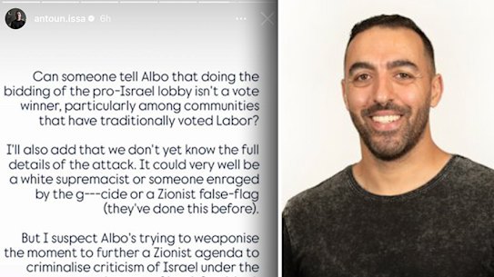 Greens staffer Antoun Issa has been reprimanded for suggesting the firebombing of a Melbourne synagogue could have been a “false flag” attack.
