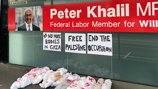 Fake bodies outside Labor MP Peter Khalil’s electorate office in Melbourne.