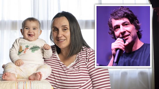 Trish Faranda and her 7-month-old daughter Clara. Inset: comedian Arj Barker