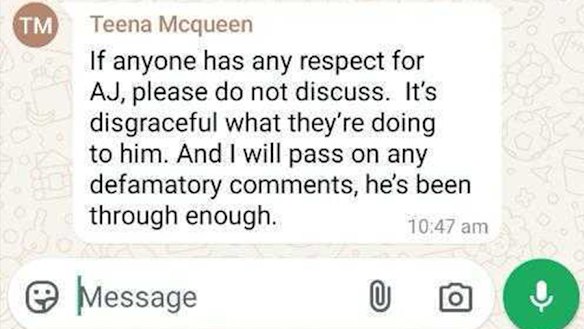 A WhatsApp message from former president of the federal Liberal Party Teena McQueen after Alan Jones’ arrest.