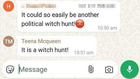 A WhatsApp message from former president of the federal Liberal Party Teena McQueen after Alan Jones’ arrest.