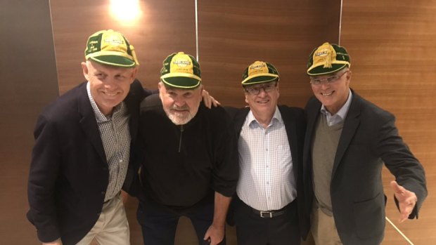 Greg Growden, pictured in 2018 with other long-serving rugby journalists (from left) Jim Tucker, Wayne Smith and Gordon Bray.