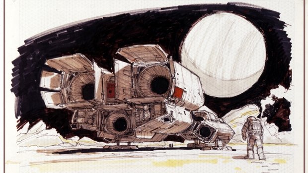 One of the drawings for spaceship concepts in the original Alien movie, by film designer and artist Ron Cobb. The movie imagines a future in which humans have mastered deep-space exploration.