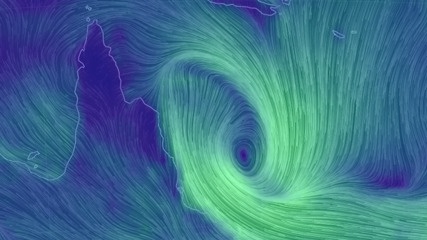 Ex-tropical cyclone Iris off the coast of Queensland on Monday morning.