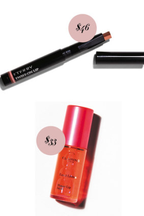 By Terry Twist-On Lip, $46. Clarins Water Lip Stain in Rose Water, $33.