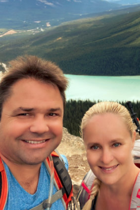 Tammy Kaufman and husband Carl on a post-lockdown trip to Lake Louise in Canada's Banff National Park.