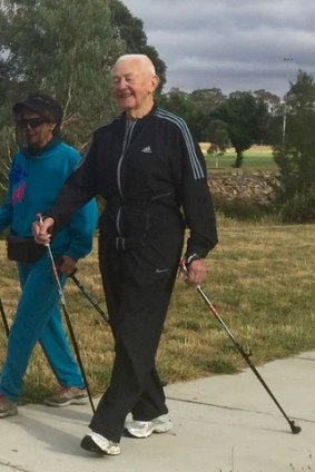 Tom Ryan, of Ainslie, is a keen nordic walker, at the age of 92.