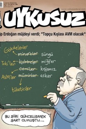 The cover of Uykusuz, a Turkish satirical magazine, with the revised poem mocking Turkish leader Recep Tayyip Erdogan that got Miss Turkey into trouble.