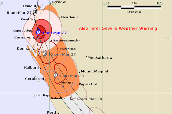 BOM’s tracking map for Tropical Cyclone Narelle as of 4pm on March 27.