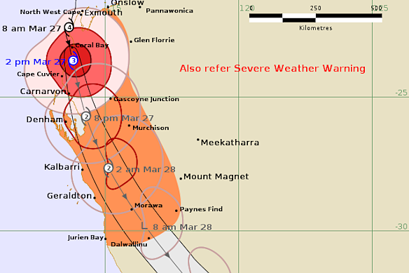 The Bureau of Meteorology’s Tropical Cyclone Narelle tracking map as of 2pm Friday.