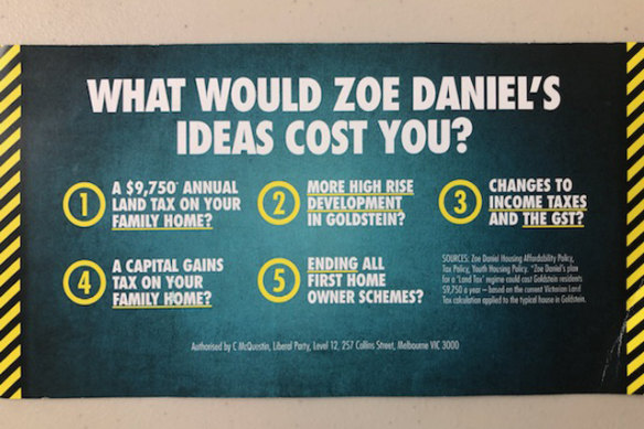 The Liberal flyer including what Zoe Daniel describes as “straight out lies”.