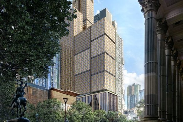 Render of the projected Scape tower, State Library Exchange, at 393 Swanston Street.