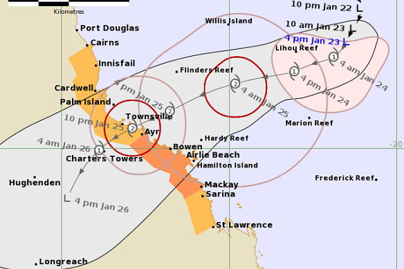 The forecast track map for Tropical Cyclone Kirrily, released by the Bureau of Meteorology at 4.54pm on January 23.