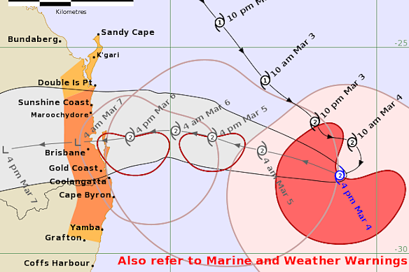 Cyclone Alfred’s forecasted path on Tuesday afternoon.