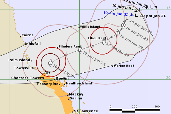 The likely path of Cyclone Kirrily, as predicted by the Bureau of Meteorology on Monday morning.