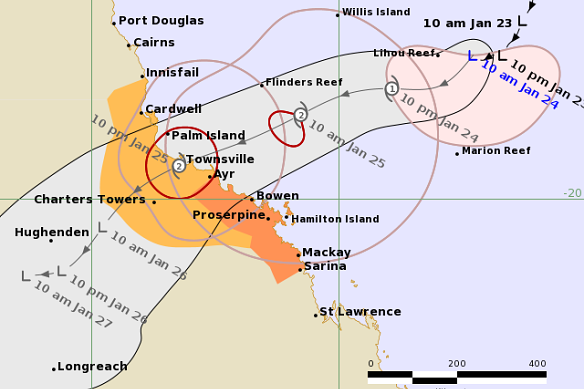 The forecast track map for Tropical Cyclone Kirrily, released by the Bureau of Meteorology at 10.49am on January 24.