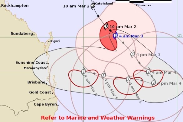 The forecast path of Tropical Cyclone Alfred as of Monday morning.