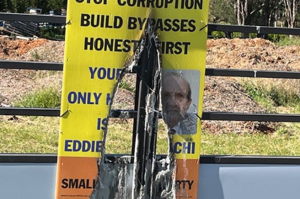 Several of Eddie Dogramachi’s corflute signs in the Hawkesbury region appeared to be set alight.