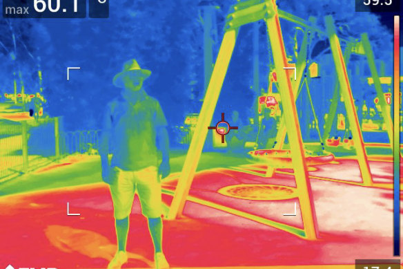 A thermal camera image of Professor Sebastian Pfautsch among play equipment at Doyle Ground in North Parramatta.