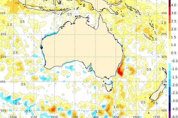 The latest sea surface temperature map from the Bureau of Meteorology shows a hot blob of ocean water sitting off NSW.