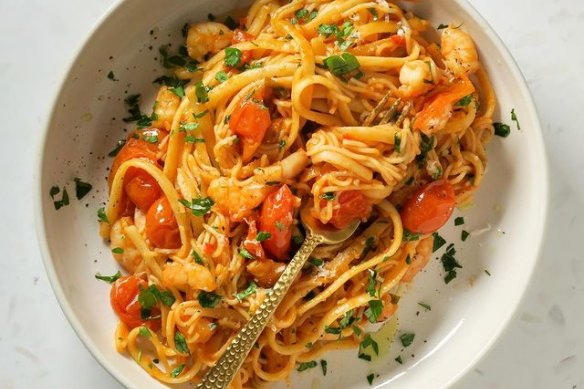 Danielle Alvarez’s linguine with prawns and chilli.