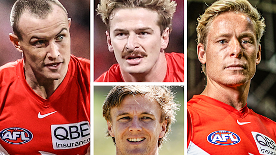 Chad Warner, Isaac Heeney, James Jordon and Riley Bice of the  Swans.