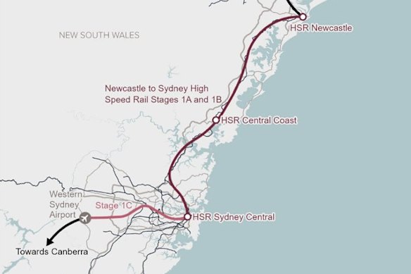 Plans for a staged opening of a high-speed line from Newcastle to Western Sydney Airport via the Sydney CBD.