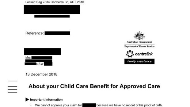 Centrelink's letter to Kim in December.