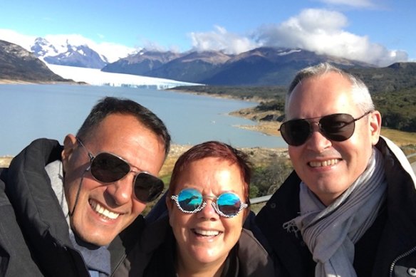 From left: Antony Philip, Jan Richards and Pascal Le Vot in Patagonia the day before flying to Ushuaia, Argentina, to join the ill-fated Greg Mortimer cruise ship. 