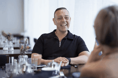 AFR GIF - Steve Sidd, the founder of Catering HQ, during a breakfast with Sally Patten at Lou Lou in Martin PLace, Sydney on October 19, 2026. Photo: Dominic Lorrimer