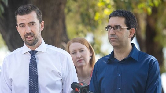 WA Opposition Leader Zak Kirkup at an election campaign announcement with party power broker Nick Goiran looking on.