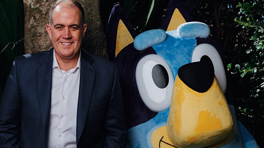 ABC boss David Anderson with fan favourites Gardening Australia host Costa Georgiadis and Bluey.