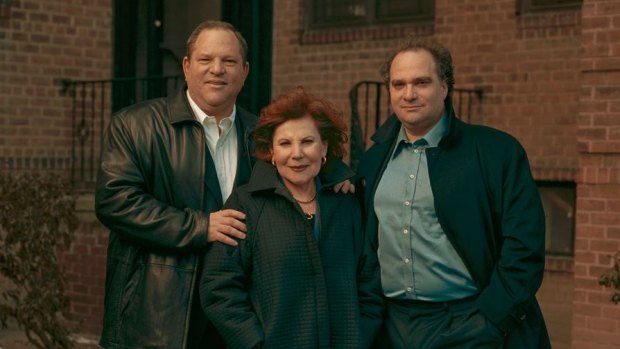 Brothers Harvey and Bob Weinstein with their mother Miriam in Queens, New York in 2003.