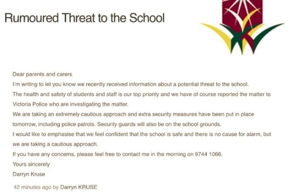 A letter notifying the school's parents of the threat.